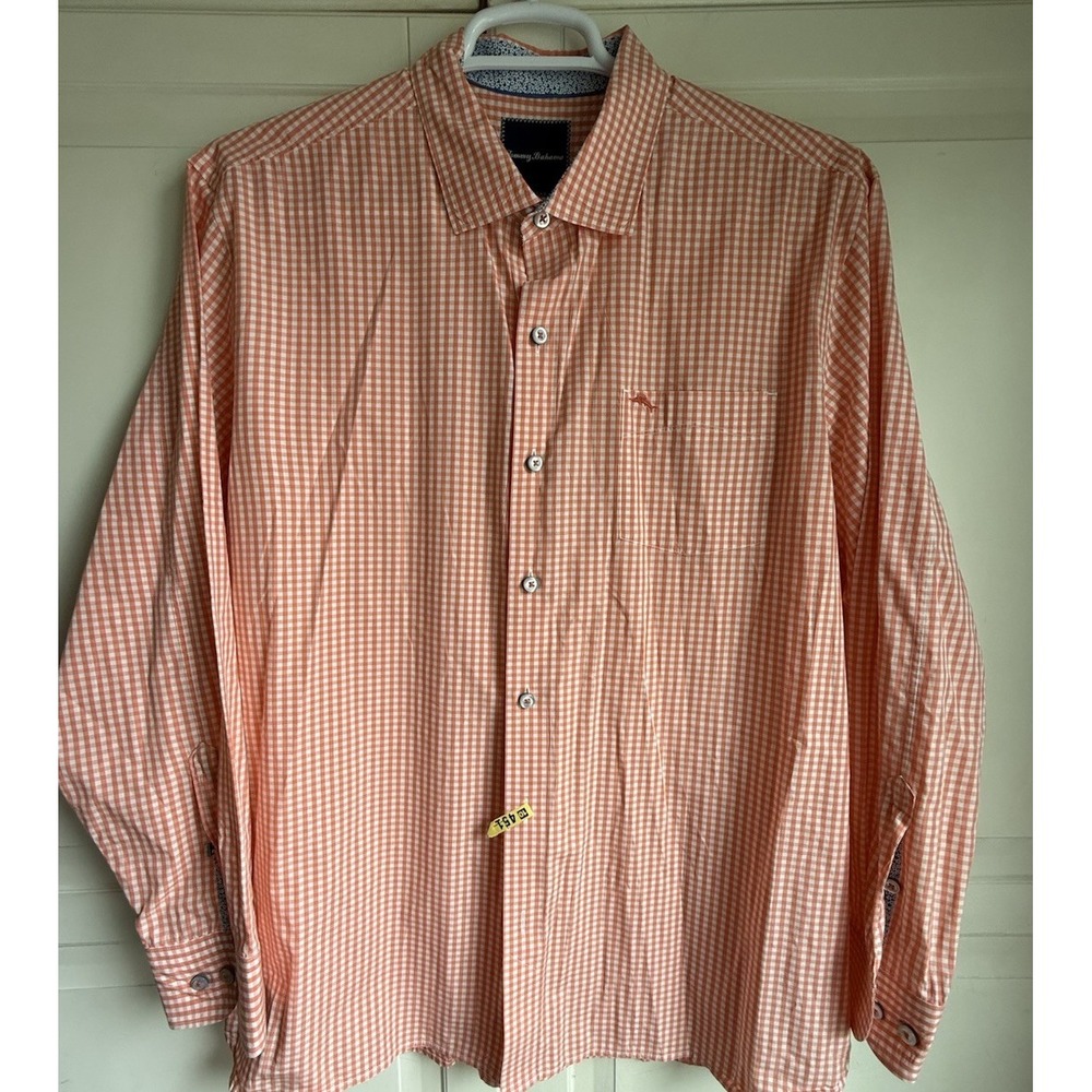 Tommy Bahama Orange Gingham Long Sleeve Pima Cotton Short Men's Extra Large XL
